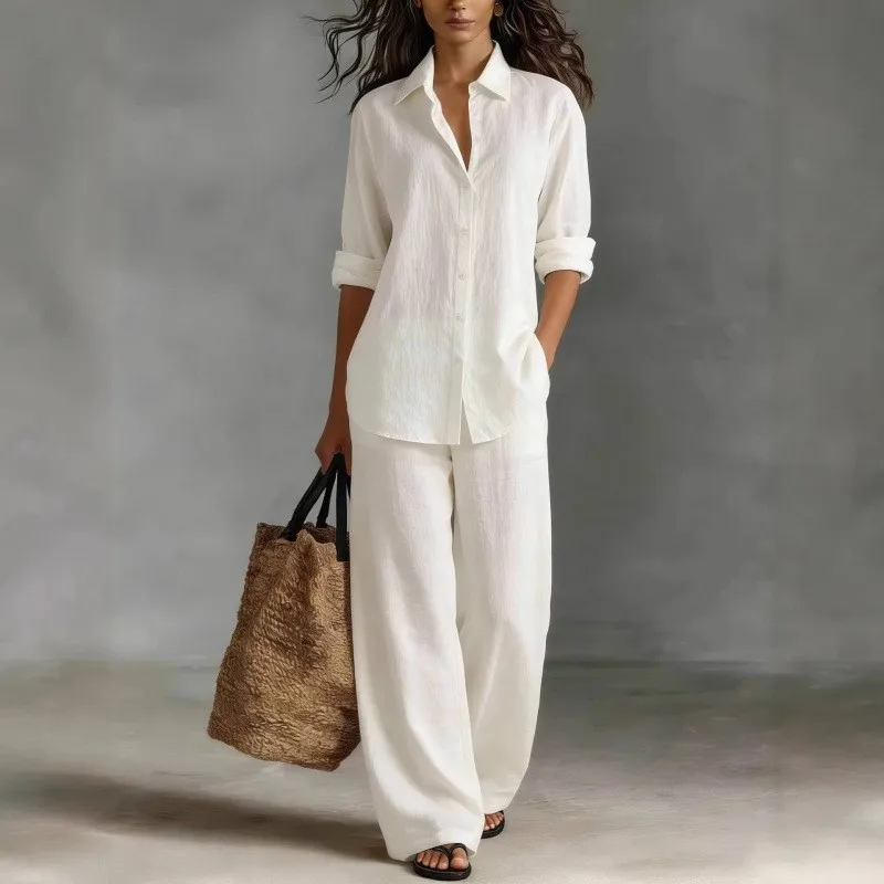 Fashion Cotton Pants Set Long Sleeved Solid Shirt +Loose Wide Leg Trousers 2 Piece Set Female Office 2026 Commute Women Clothing
Fashion Cotton Pants Set Long Sleeved Solid Shirt +Loose Wide Leg Trousers 2 Piece Set Female Office 2026 Commute Women Clothing