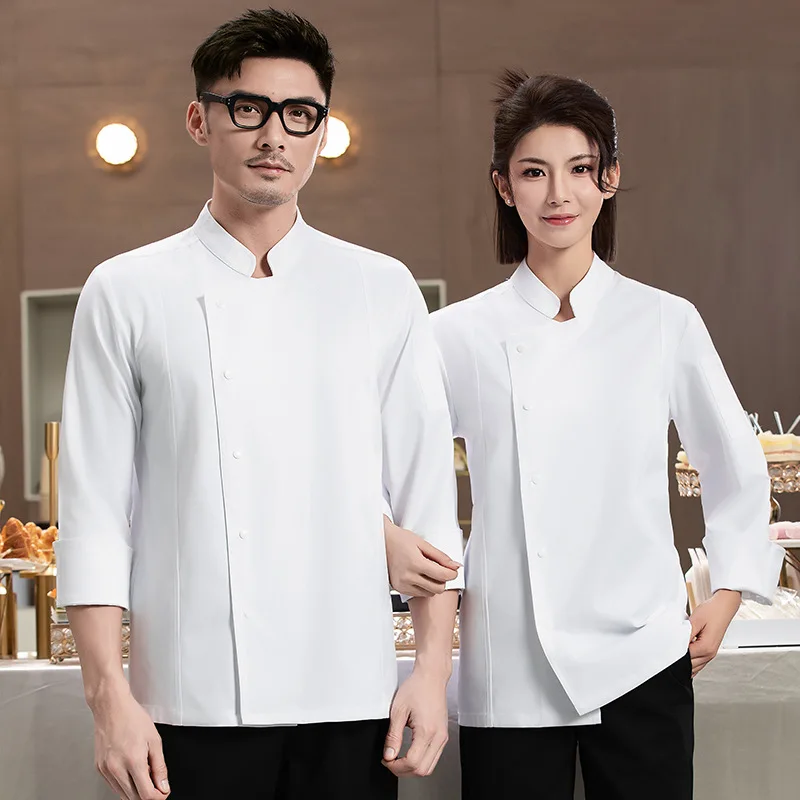 New pure white hidden button chef uniform workwear for men and women, hotel kitchen, western restaurant clothing, chef long-slee
New pure white hidden button chef uniform workwear for men and women, hotel kitchen, western restaurant clothing, chef long-slee