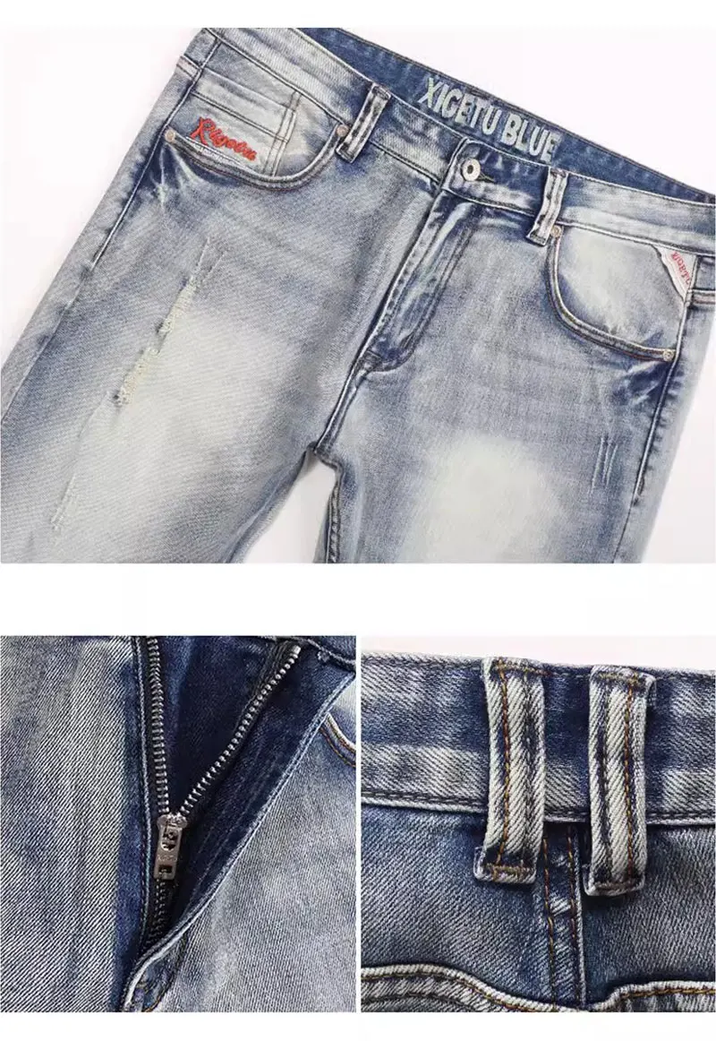 Designer Vintage Men's Jeans High Quality Vintage Light Blue Elastic Slim Fit Split Jeans Men's Spliced Fashion denim Pants
Designer Vintage Men's Jeans High Quality Vintage Light Blue Elastic Slim Fit Split Jeans Men's Spliced Fashion denim Pants