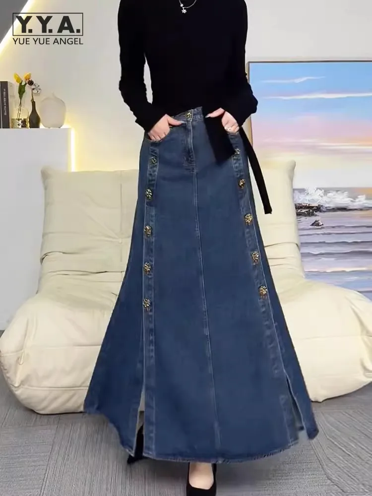 Women Vintage Denim Long Skirt High Waist Double Breasted Split A-Line Shirts Office Elegant Design High Street Casual Skirts
Women Vintage Denim Long Skirt High Waist Double Breasted Split A-Line Shirts Office Elegant Design High Street Casual Skirts