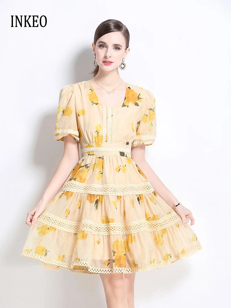 Beach Print Short Puff sleeve dress Women's 2025 Summer Fashion O-neck Lace patchwork Knee length dresses Slim INKEO 5D029
Beach Print Short Puff sleeve dress Women's 2025 Summer Fashion O-neck Lace patchwork Knee length dresses Slim INKEO 5D029