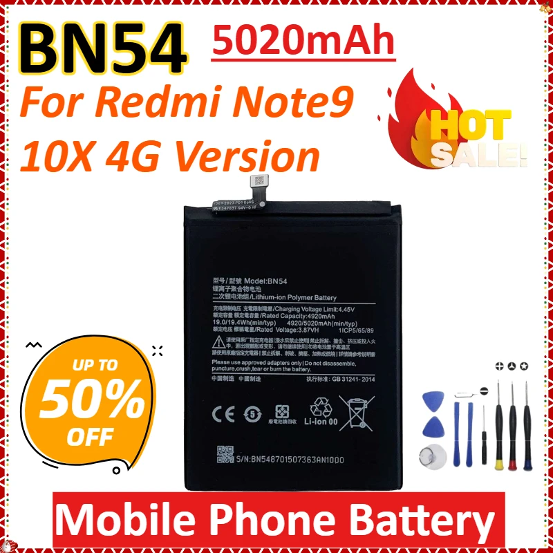 BN54 5020mAh 4.45V for Redmi Note 9 / 10X 4G Version / 9 Newly upgraded High-Capacity Replacement Mobile Phone Battery +tools
BN54 5020mAh 4.45V for Redmi Note 9 / 10X 4G Version / 9 Newly upgraded High-Capacity Replacement Mobile Phone Battery +tools