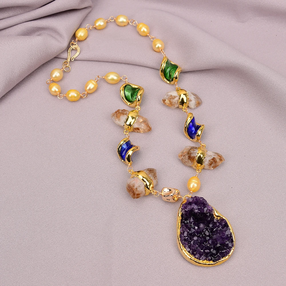 G-G 19'' Cultured Golden Rice Pearl Murano Glass Citrine Crystal Necklace Amethyst Rough Raw Quartz Pendant
G-G 19'' Cultured Golden Rice Pearl Murano Glass Citrine Crystal Necklace Amethyst Rough Raw Quartz Pendant