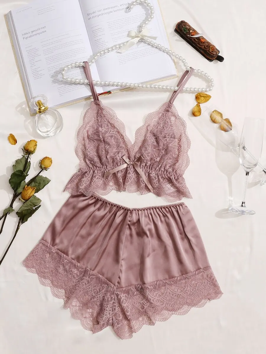 Lace Trim Cami Top With Satin Shorts Pajama Set For Women
Lace Trim Cami Top With Satin Shorts Pajama Set For Women