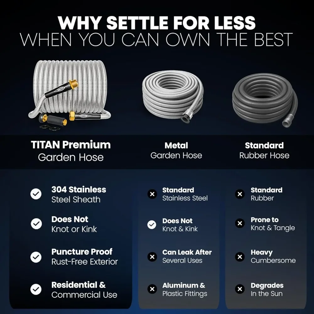 TITAN Garden Hose 200FT - 304 Stainless Steel Metal Water Hose, Flexible, Kink-Free, Lightweight, Durable, Crush Resistant Fitti
TITAN Garden Hose 200FT - 304 Stainless Steel Metal Water Hose, Flexible, Kink-Free, Lightweight, Durable, Crush Resistant Fitti