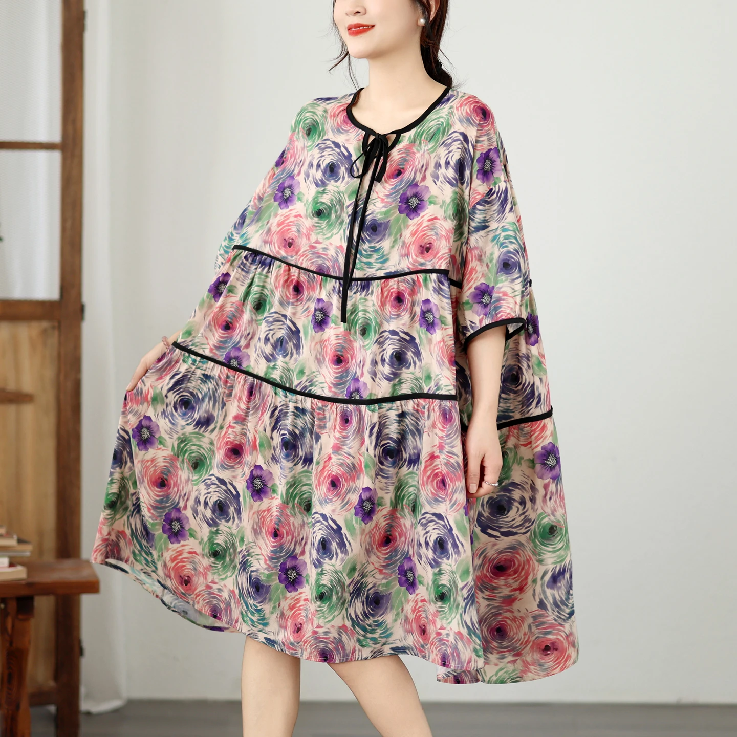 Summer New plus Size Printed Loose Dress with Rope Tied Neck Artistic Style High Waist Cotton Blend Women's Fashion Dress
Summer New plus Size Printed Loose Dress with Rope Tied Neck Artistic Style High Waist Cotton Blend Women's Fashion Dress