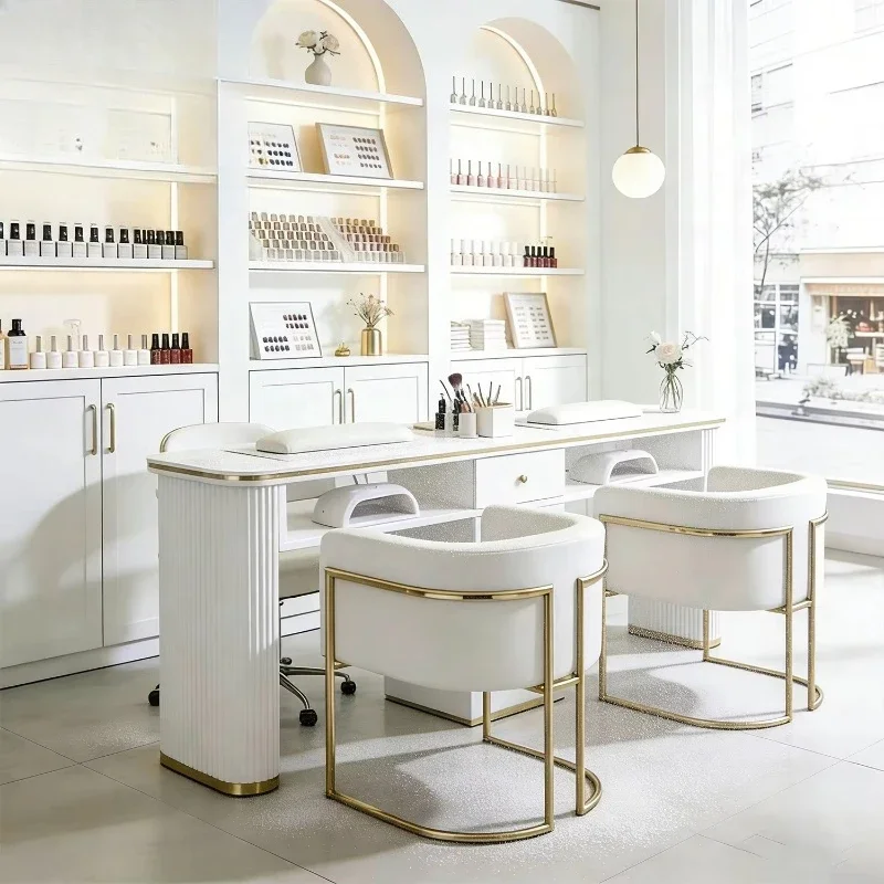 Luxury White Nail Salon Furniture Set with Gold Nail Table and Chairs, Professional Marble Countertop Beauty Nail Table
Luxury White Nail Salon Furniture Set with Gold Nail Table and Chairs, Professional Marble Countertop Beauty Nail Table