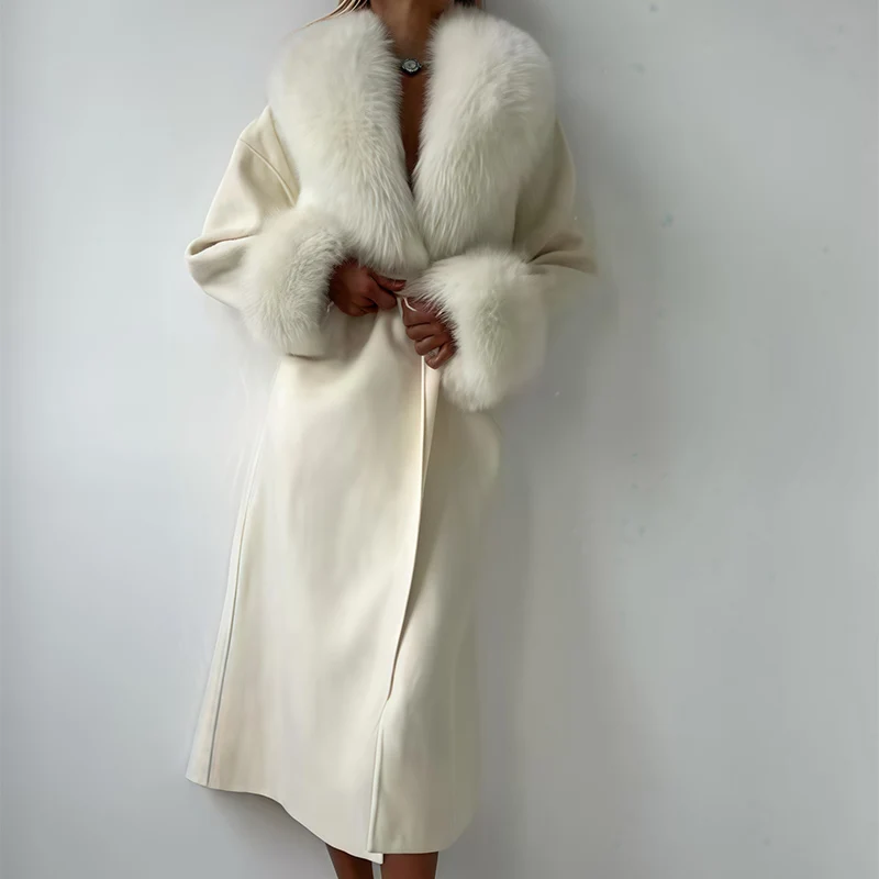 Women's elegant cream-colored long wool coat with faux fur collar and cuffs, featuring a self-tie belt for a stylish winter look
Women's elegant cream-colored long wool coat with faux fur collar and cuffs, featuring a self-tie belt for a stylish winter look