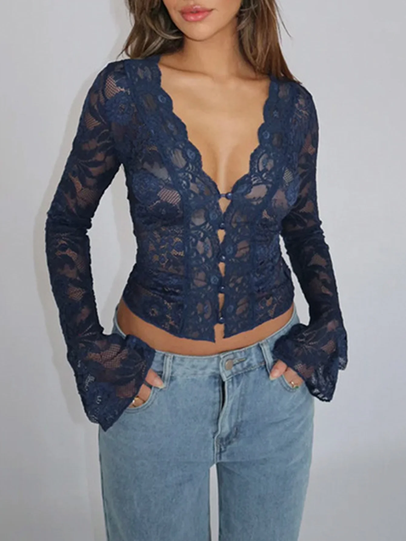 Women's Sexy Lace Jacquard Long Sleeve V-Neck Cropped T-Shirts Autumn Skinny Fit Wavecut Hem T-Shirt
Women's Sexy Lace Jacquard Long Sleeve V-Neck Cropped T-Shirts Autumn Skinny Fit Wavecut Hem T-Shirt