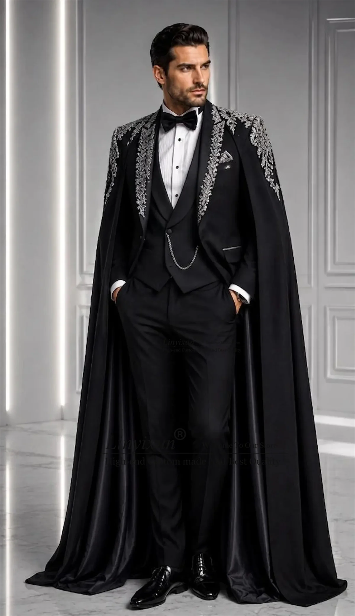 Luxury Jewelry Diamond Men Suits With Cape Customized Slim Fit Party Costume Homme 2 Pieces Sets Male Groom Wedding Tuxedos
Luxury Jewelry Diamond Men Suits With Cape Customized Slim Fit Party Costume Homme 2 Pieces Sets Male Groom Wedding Tuxedos
