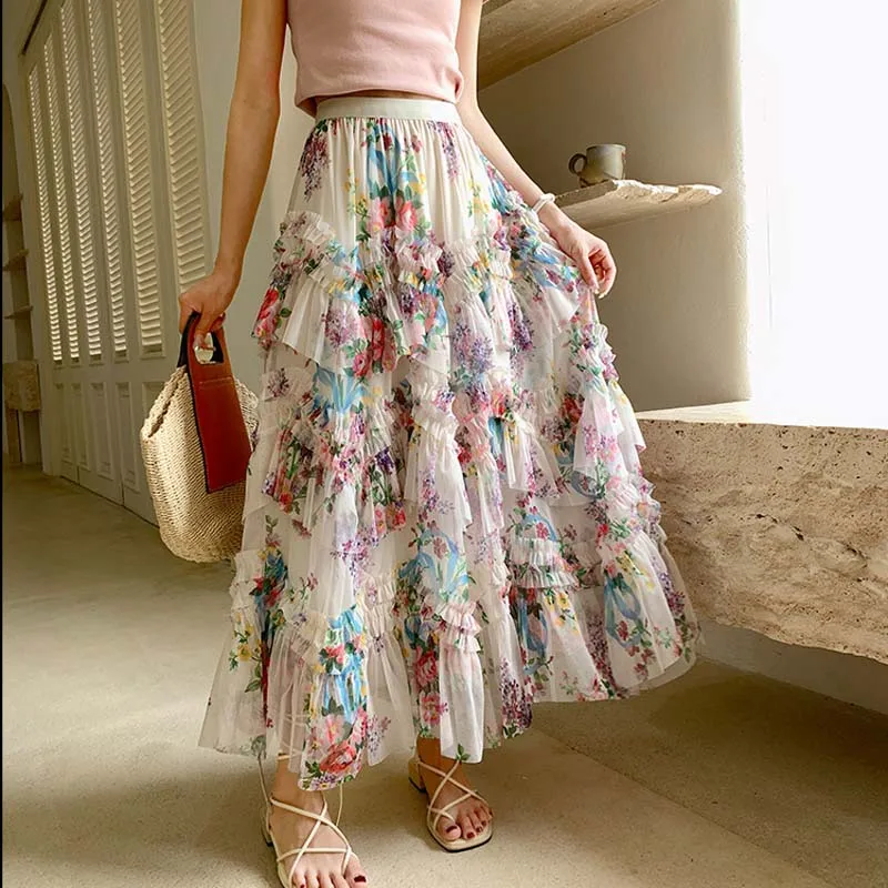 French Temperament Fashion Floral Print Long Skirts For Women Summer Elegant High Waisted Sweet Ruffles Tulle Irregular Skirt
French Temperament Fashion Floral Print Long Skirts For Women Summer Elegant High Waisted Sweet Ruffles Tulle Irregular Skirt