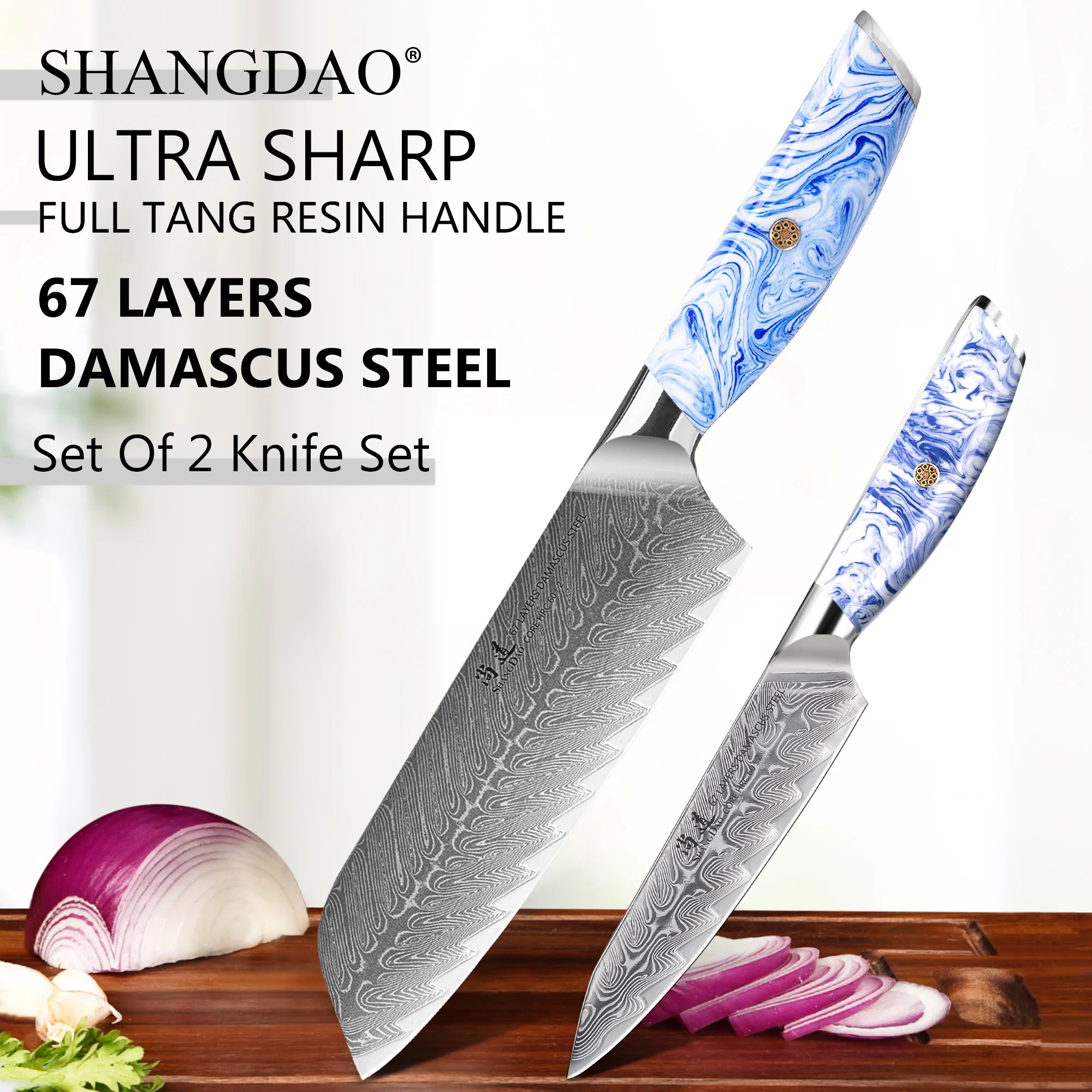 SHANGDAO 67 Layer Damascus Steel Santoku & Utility Knife,High Quality 2pcs Kitchen Knife Set with Resin Handle
SHANGDAO 67 Layer Damascus Steel Santoku & Utility Knife,High Quality 2pcs Kitchen Knife Set with Resin Handle