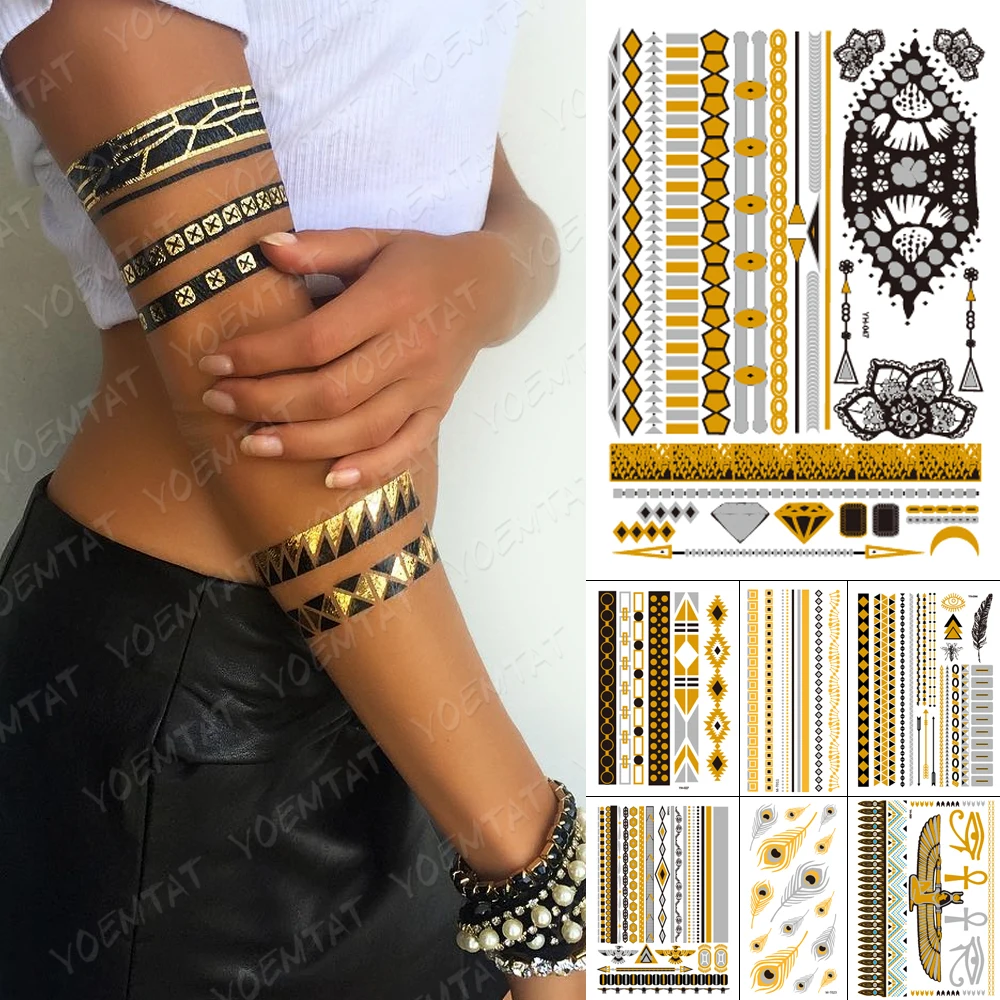 Waterproof Temporary Tattoo Sticker Chain Bracelet Black Gold Silver Metallic Flash Tatoo Boho Feather Jewelry Glitter Body Art
Waterproof Temporary Tattoo Sticker Chain Bracelet Black Gold Silver Metallic Flash Tatoo Boho Feather Jewelry Glitter Body Art