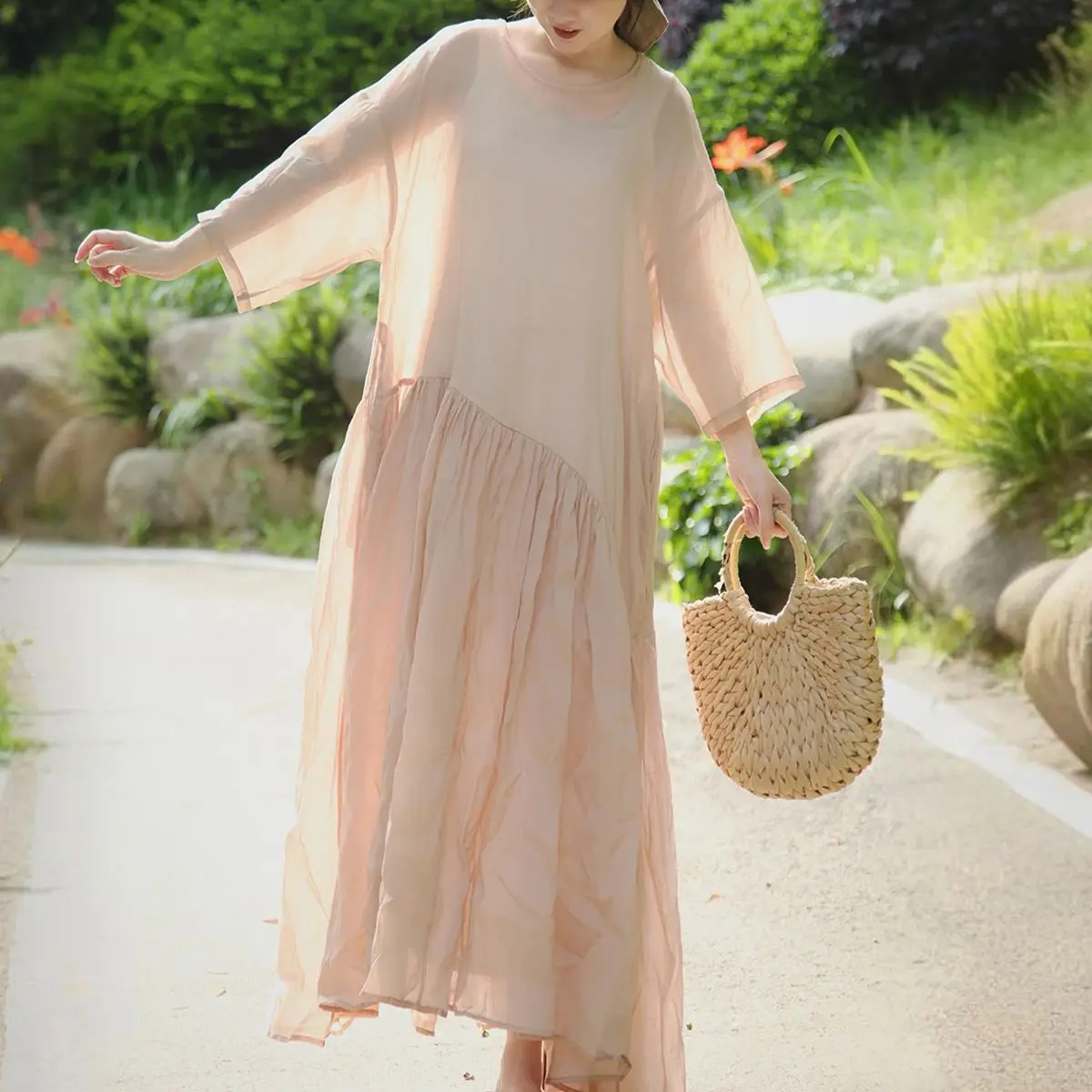 LZJN Summer Ramie Low-Waist Pleated Dress with Loose Fit, Slimming, Sweet and Fairy-Like, Solid Color, Elegant Long Dress 
LZJN Summer Ramie Low-Waist Pleated Dress with Loose Fit, Slimming, Sweet and Fairy-Like, Solid Color, Elegant Long Dress