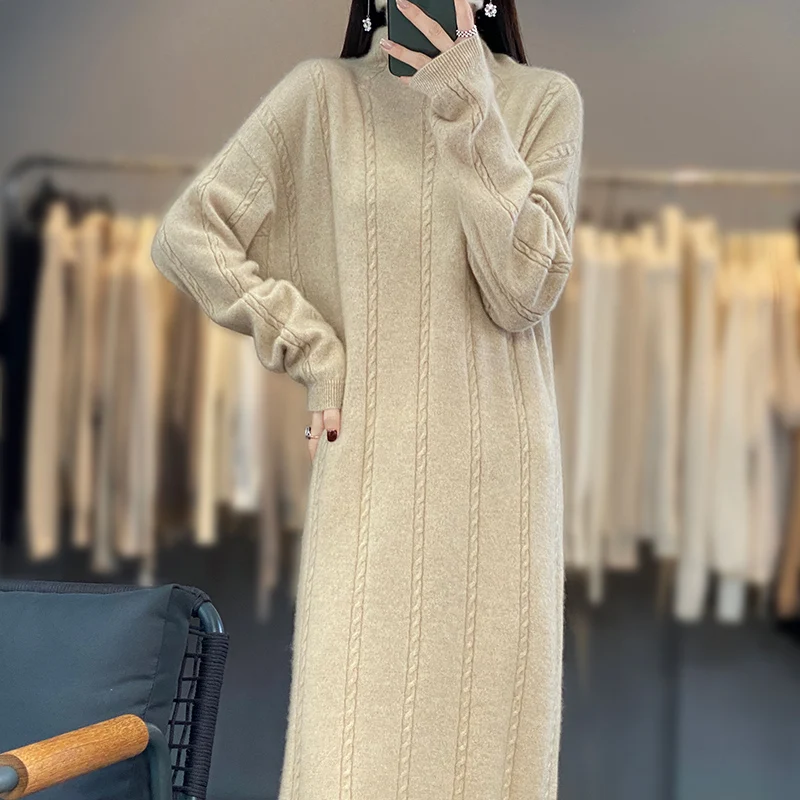 100% Pure Wool Long High-Necked Autumn And Winter New Cashmere Loose Wild Twist Knit Dress Sweater
100% Pure Wool Long High-Necked Autumn And Winter New Cashmere Loose Wild Twist Knit Dress Sweater