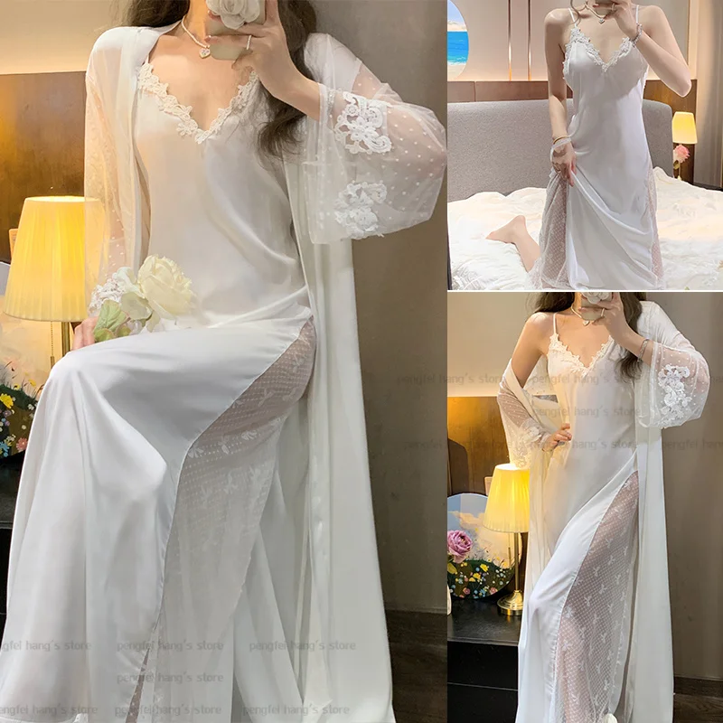 Lady's Long Robe Sexy Sheer Mesh Sleeve Wedding Dress Gown Ice Silk Sleepwear Women Elegant Kimono Loose Sling Nightdress
Lady's Long Robe Sexy Sheer Mesh Sleeve Wedding Dress Gown Ice Silk Sleepwear Women Elegant Kimono Loose Sling Nightdress