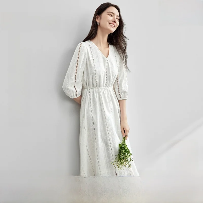 Elegant Vacation Dress Women's V-neck Elastic High-waist Lantern Sleeve Cotton A-line Skirt Comfortable Spring Season Dress
Elegant Vacation Dress Women's V-neck Elastic High-waist Lantern Sleeve Cotton A-line Skirt Comfortable Spring Season Dress
