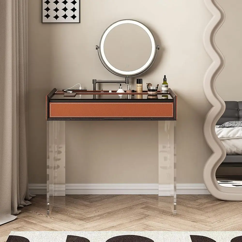 Makeup Vanity Set with Power Outlet, Glass Top, Easy Assembly, Leather Surface
Makeup Vanity Set with Power Outlet, Glass Top, Easy Assembly, Leather Surface