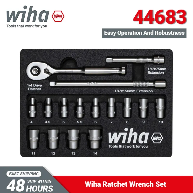 Wiha 44683 16pcs 1/4" Ratchet Wrench and Insert Tool Set for Installation and Mounting Work High Quality Material Non-slip
Wiha 44683 16pcs 1/4" Ratchet Wrench and Insert Tool Set for Installation and Mounting Work High Quality Material Non-slip
