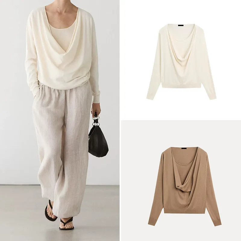 Elegant Casual Long Sleeve Knitted Sweater Women's Summer Fashion Foldover Collar Pleated Details Loose Fit Soft Material
Elegant Casual Long Sleeve Knitted Sweater Women's Summer Fashion Foldover Collar Pleated Details Loose Fit Soft Material