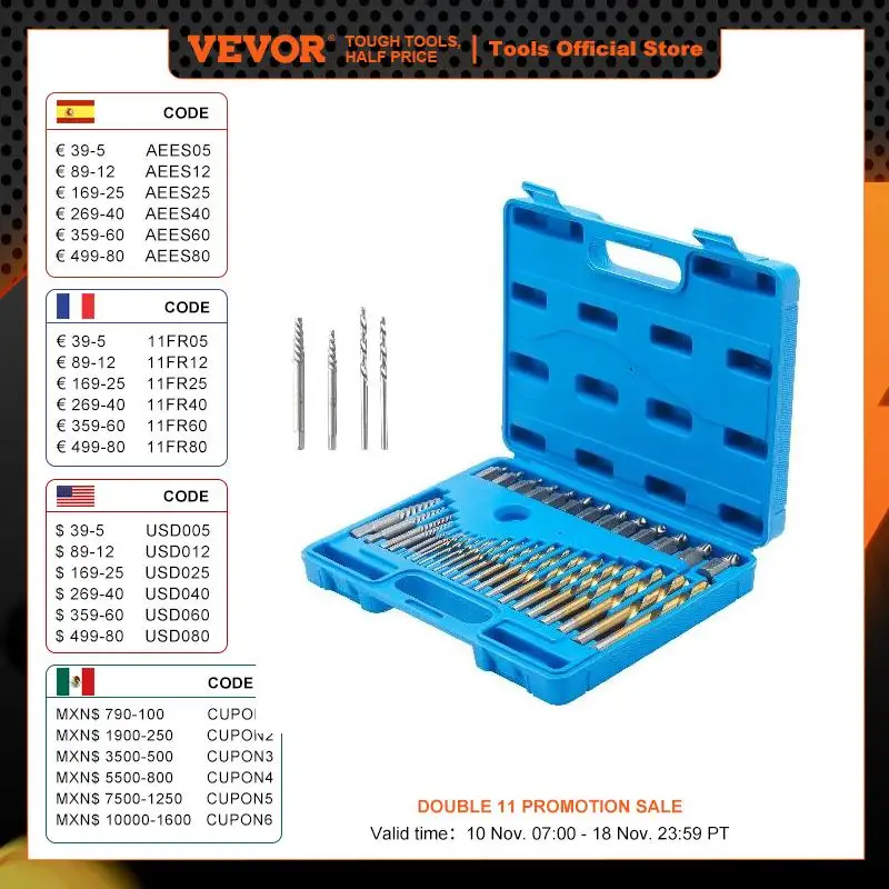 VEVOR 35PCs Screw Extractor with Drill Bit Set Bolt Extractor Kit 19 PCS Bolt Extractors and 16 PCS Reverse HSS Drill Bits
VEVOR 35PCs Screw Extractor with Drill Bit Set Bolt Extractor Kit 19 PCS Bolt Extractors and 16 PCS Reverse HSS Drill Bits