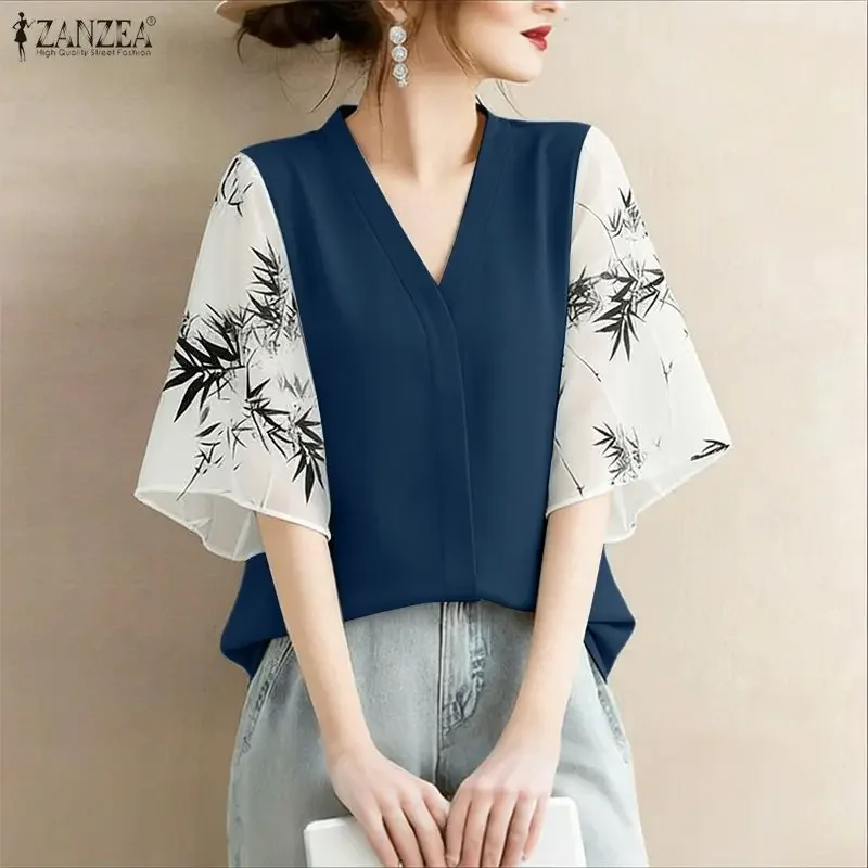 Женская блузка ZANZEA 2026: модная летняя блузка с цветочным принтом, пэчворк, V-образный вырез, рукав до локтя, элегантная рабочая рубашка для женщин
Женская блузка ZANZEA 2026: модная летняя блузка с цветочным принтом, пэчворк, V-образный вырез, рукав до локтя, элегантная рабочая рубашка для женщин