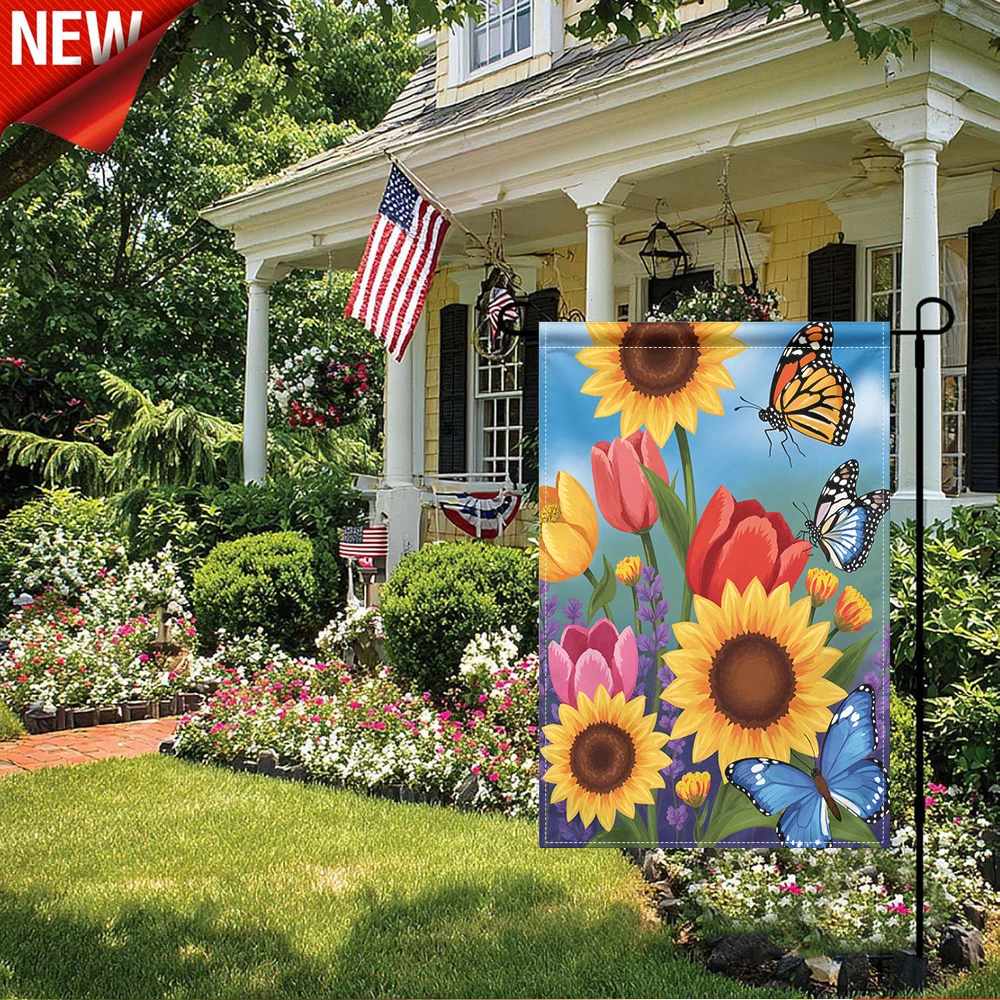 1PC, Summer Garden Flag Sunflower Tulip Floral Print Outdoor Decorative Flag with Butterfly Pattern Double Sided Yard Flag for Patio Lawn Porch Farmhouse Seasonal Outside Decorations Weather Resistant Garden Banner
1PC, Summer Garden Flag Sunflower Tulip Floral Print Outdoor Decorative Flag with Butterfly Pattern Double Sided Yard Flag for Patio Lawn Porch Farmhouse Seasonal Outside Decorations Weather Resistant Garden Banner
