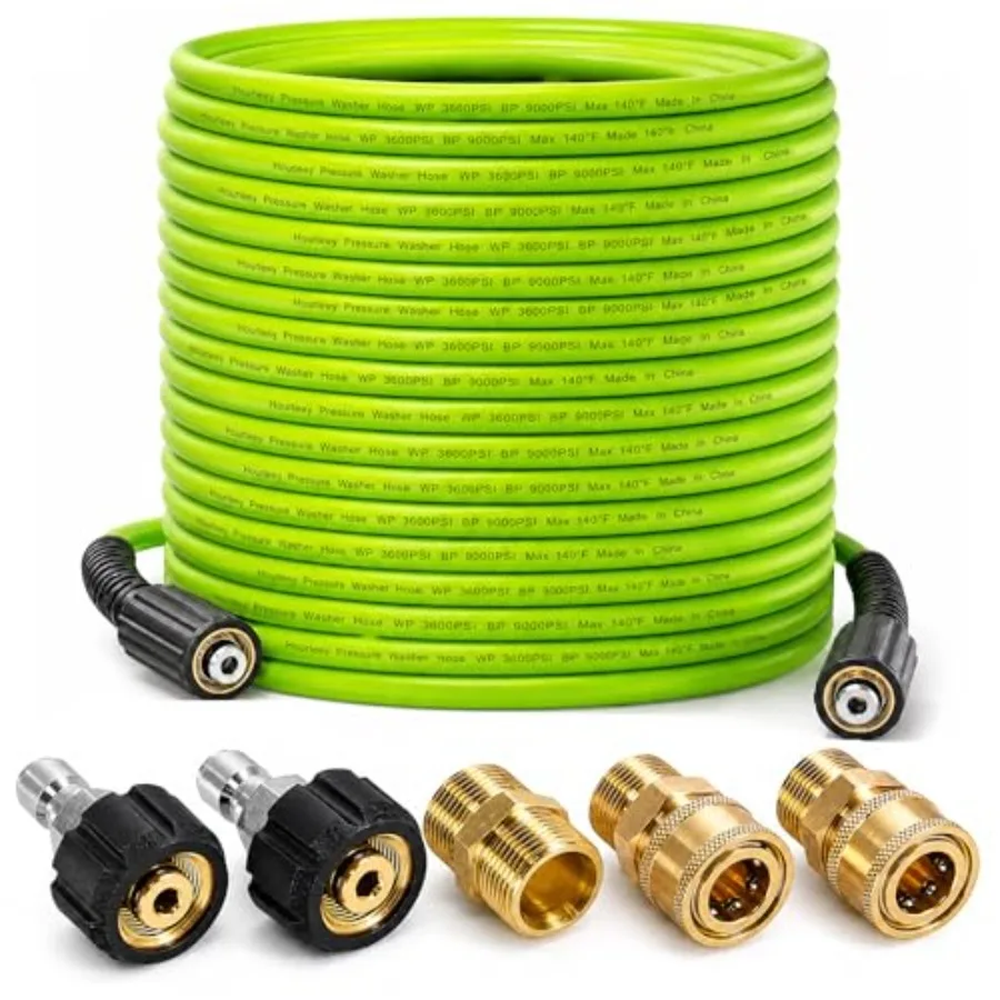 Pressure Washer Hose 100 FT for outdoor cleaning, flexible kink-resistant rubber, green, 3600 PSI rating with 1/4 quick connect
Pressure Washer Hose 100 FT for outdoor cleaning, flexible kink-resistant rubber, green, 3600 PSI rating with 1/4 quick connect