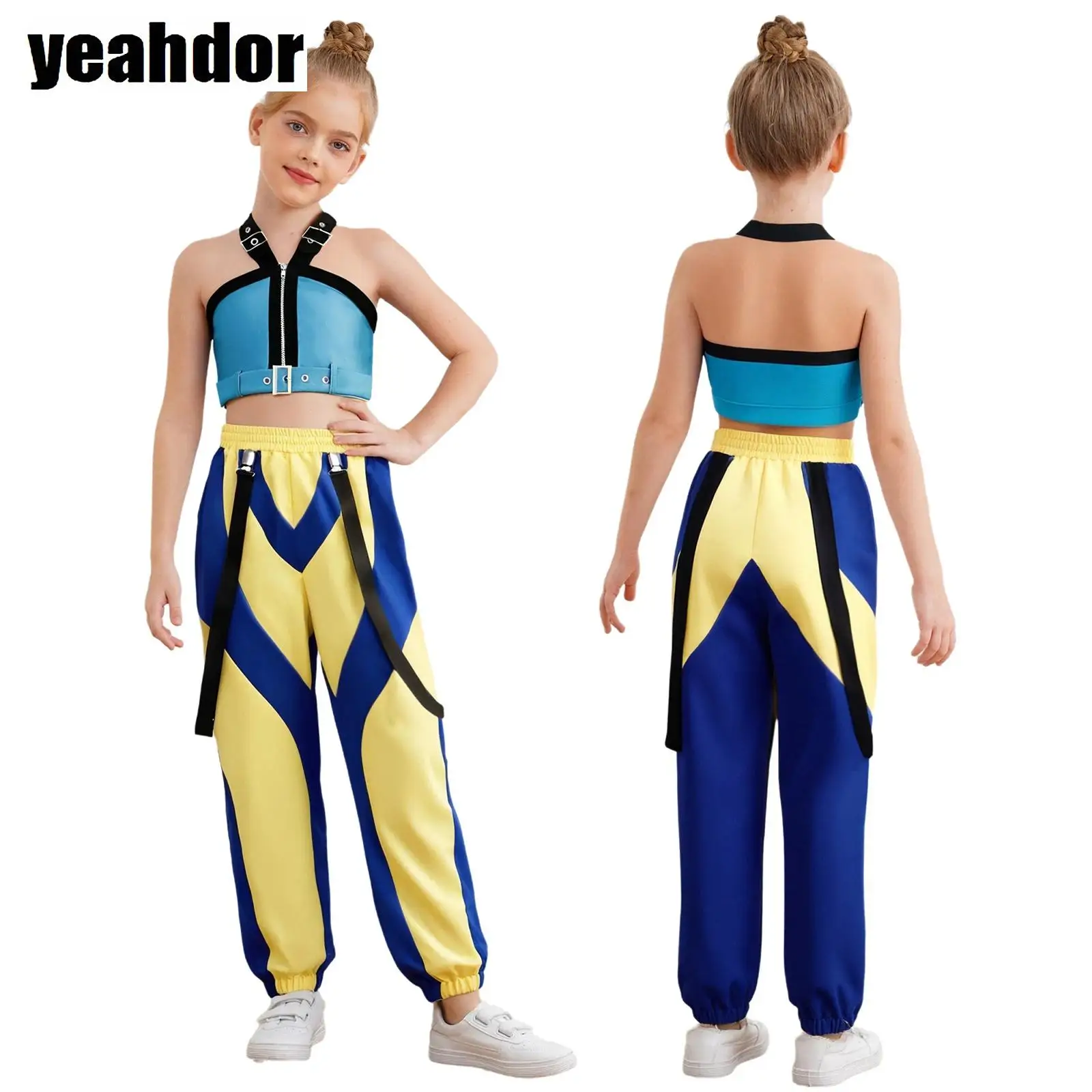 Girls Demon Hunters Cosplay Costume Color Block Halter Crop Top with Waist Belt Long Pants Halloween Anime Singer Uniform Outfit 
Girls Demon Hunters Cosplay Costume Color Block Halter Crop Top with Waist Belt Long Pants Halloween Anime Singer Uniform Outfit