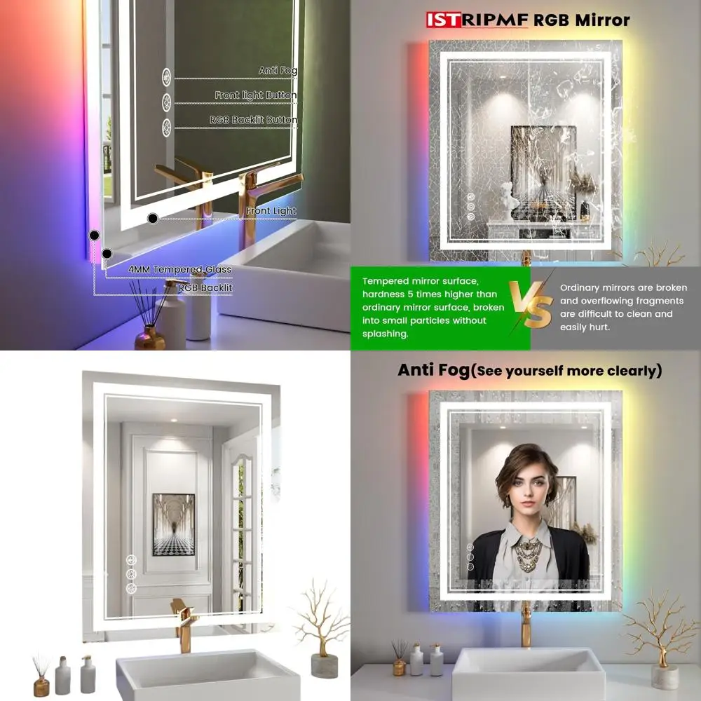 RGB Backlit 24x30 Inch LED Vanity Mirror with Color-Changing Lights, Dimmable, Anti-Fog for Bathroom Wall
RGB Backlit 24x30 Inch LED Vanity Mirror with Color-Changing Lights, Dimmable, Anti-Fog for Bathroom Wall