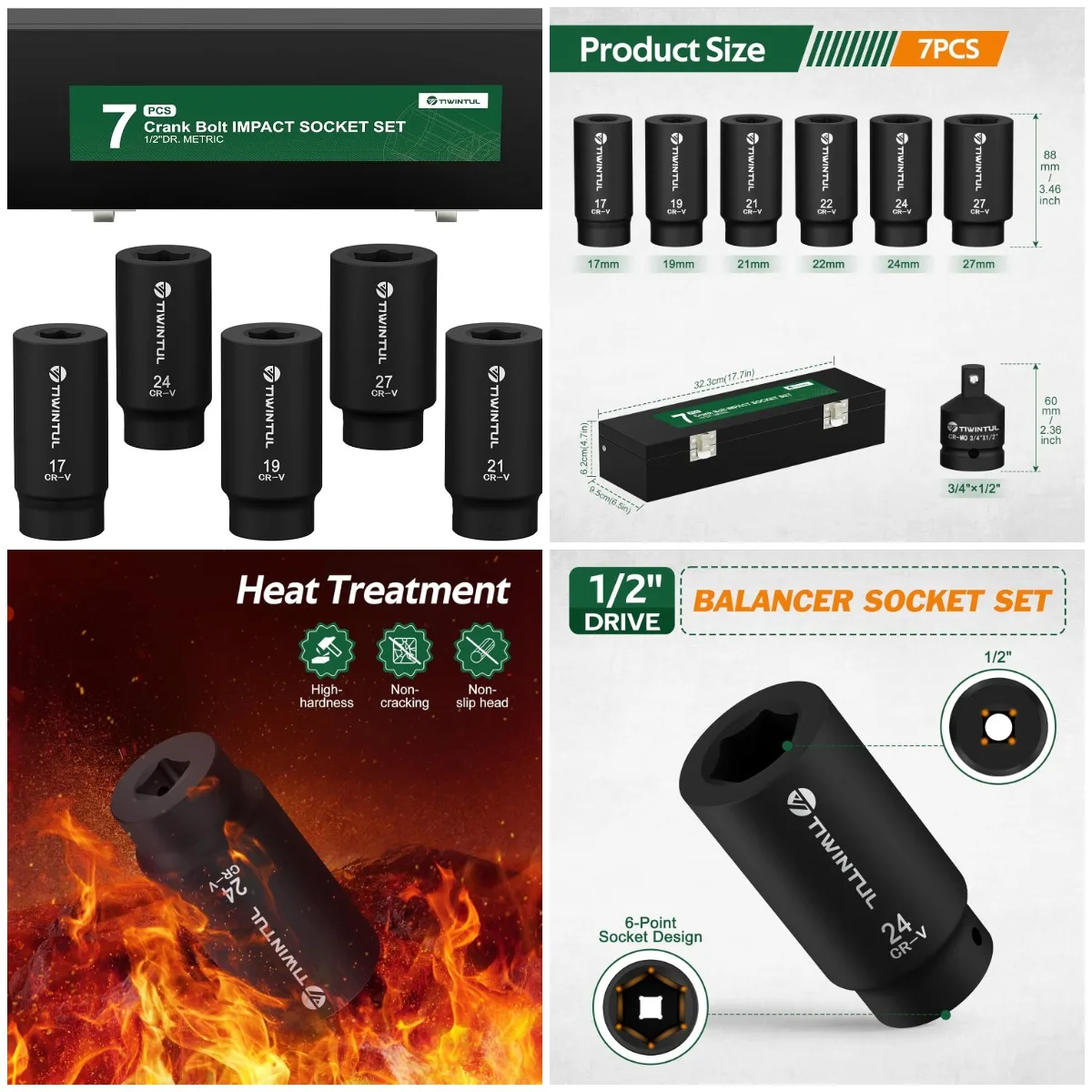 1/2' Drive Crank Bolt Socket Set, 7Pcs, 17-27mm, 3/4'-1/2' Adapter, 6-Point Deep Impact Socket
1/2' Drive Crank Bolt Socket Set, 7Pcs, 17-27mm, 3/4'-1/2' Adapter, 6-Point Deep Impact Socket