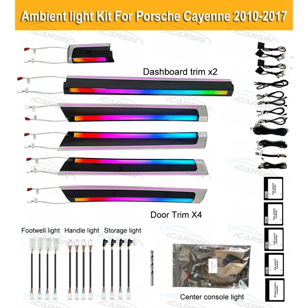 Upgrade 256 Colors Ambient Lighting Kit for Porsche Cayenne 2010+ Interior Atmosphere LED Lights Trim Panel
Upgrade 256 Colors Ambient Lighting Kit for Porsche Cayenne 2010+ Interior Atmosphere LED Lights Trim Panel