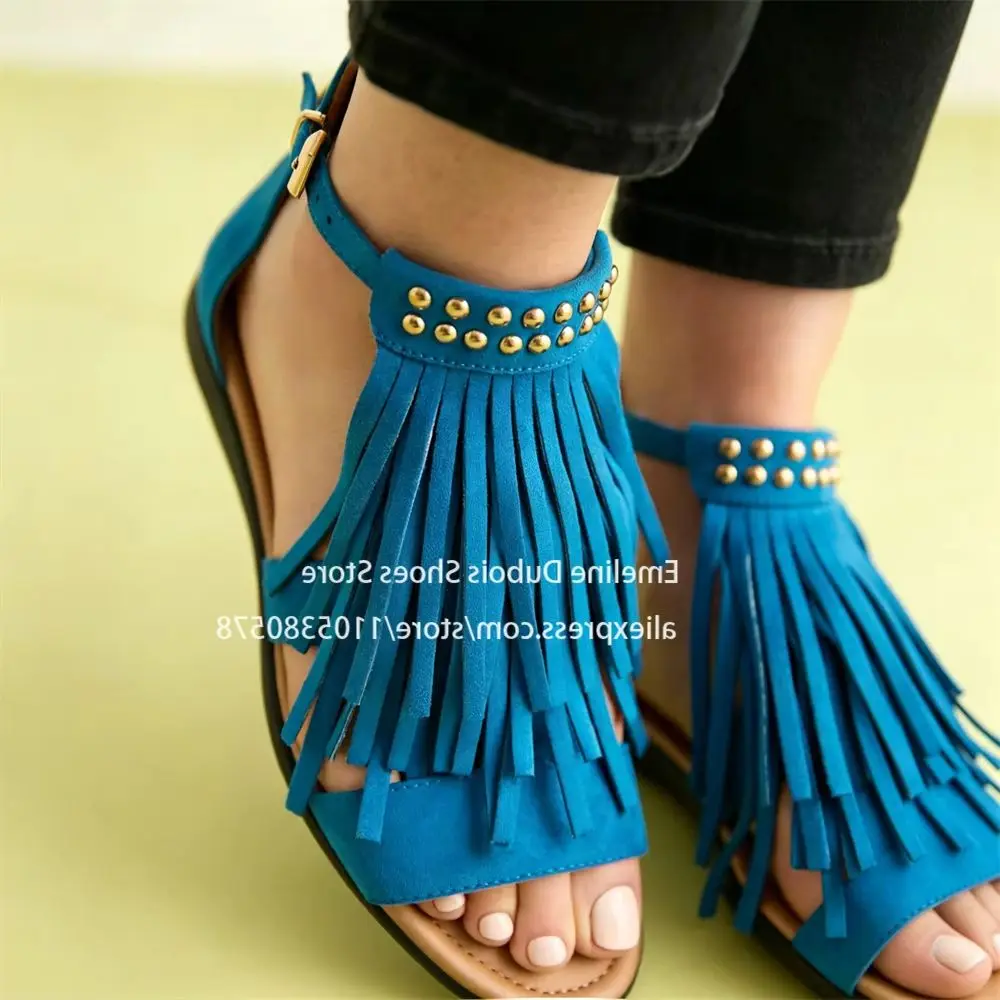 Blue Suede Fringe Gold Studded Ankle Strap Flat Sandals Open Toe Side Cutout Bohemian Boho Summer Beach Daily Women Casual Shoes
Blue Suede Fringe Gold Studded Ankle Strap Flat Sandals Open Toe Side Cutout Bohemian Boho Summer Beach Daily Women Casual Shoes