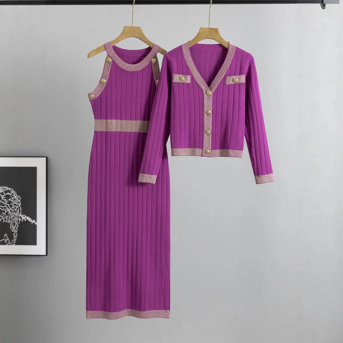 French Elegant Fashion Set Sweater Dress New Knitted Vest Dress Two-Piece Set Long Sleeve Button Detail Color Block Casual
French Elegant Fashion Set Sweater Dress New Knitted Vest Dress Two-Piece Set Long Sleeve Button Detail Color Block Casual