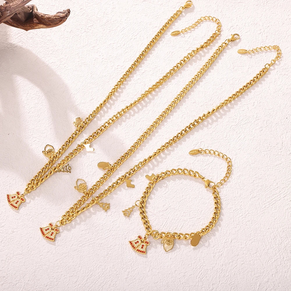 Fashion Christma Tree Bell Pendant Necklaces Bracelet For Women Bling Stainless Steel Cuban Chain Cubic Zircon Jewelry Set Gift
Fashion Christma Tree Bell Pendant Necklaces Bracelet For Women Bling Stainless Steel Cuban Chain Cubic Zircon Jewelry Set Gift