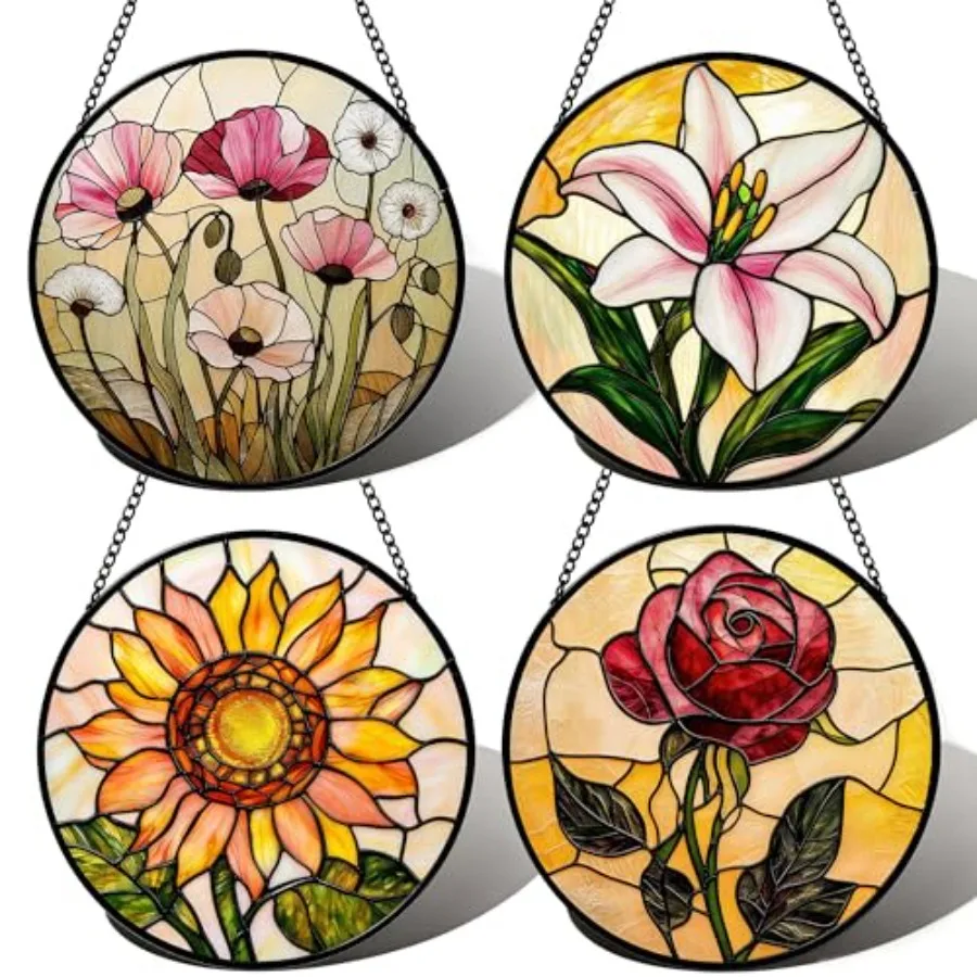 Sun cher Window Hanging Stained Glass, 4 pcs Floral Designs Poppy Rose, for Bedroom Garden Kitchen Decor, Gifts for, 6.3 Inch
Sun cher Window Hanging Stained Glass, 4 pcs Floral Designs Poppy Rose, for Bedroom Garden Kitchen Decor, Gifts for, 6.3 Inch