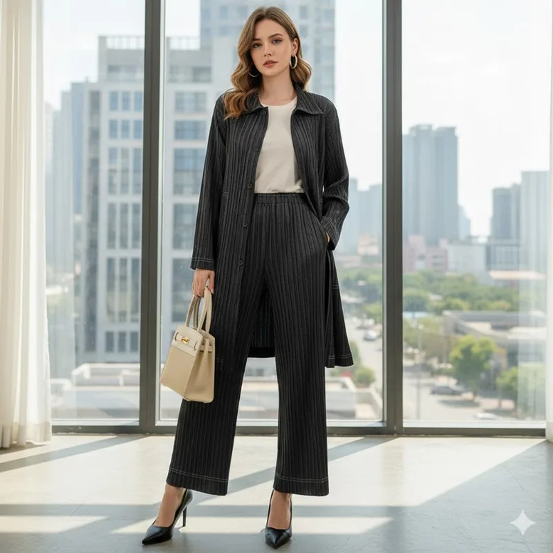 Miyake Pleated Pants Suit 2026 Spring New Pleats Faux Denim Suit Lapel Long Cardigan + Straight Pants Pressed Pleats 2-piece Set
Miyake Pleated Pants Suit 2026 Spring New Pleats Faux Denim Suit Lapel Long Cardigan + Straight Pants Pressed Pleats 2-piece Set