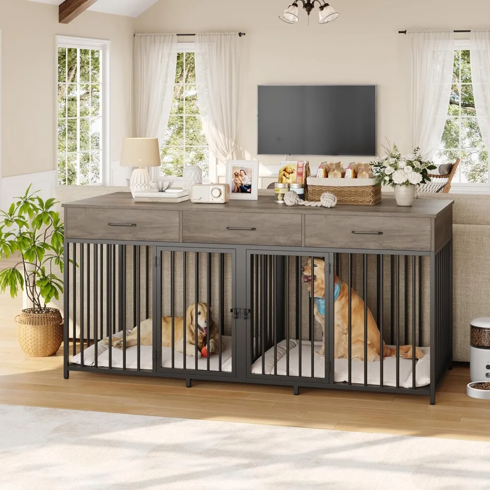Double Dog Crates Furniture, 71" Wide Indoor Dog Kennel with 3 Drawers, Farmhouse Dog Cage for 2 Large/Medium Dogs,
Double Dog Crates Furniture, 71" Wide Indoor Dog Kennel with 3 Drawers, Farmhouse Dog Cage for 2 Large/Medium Dogs,