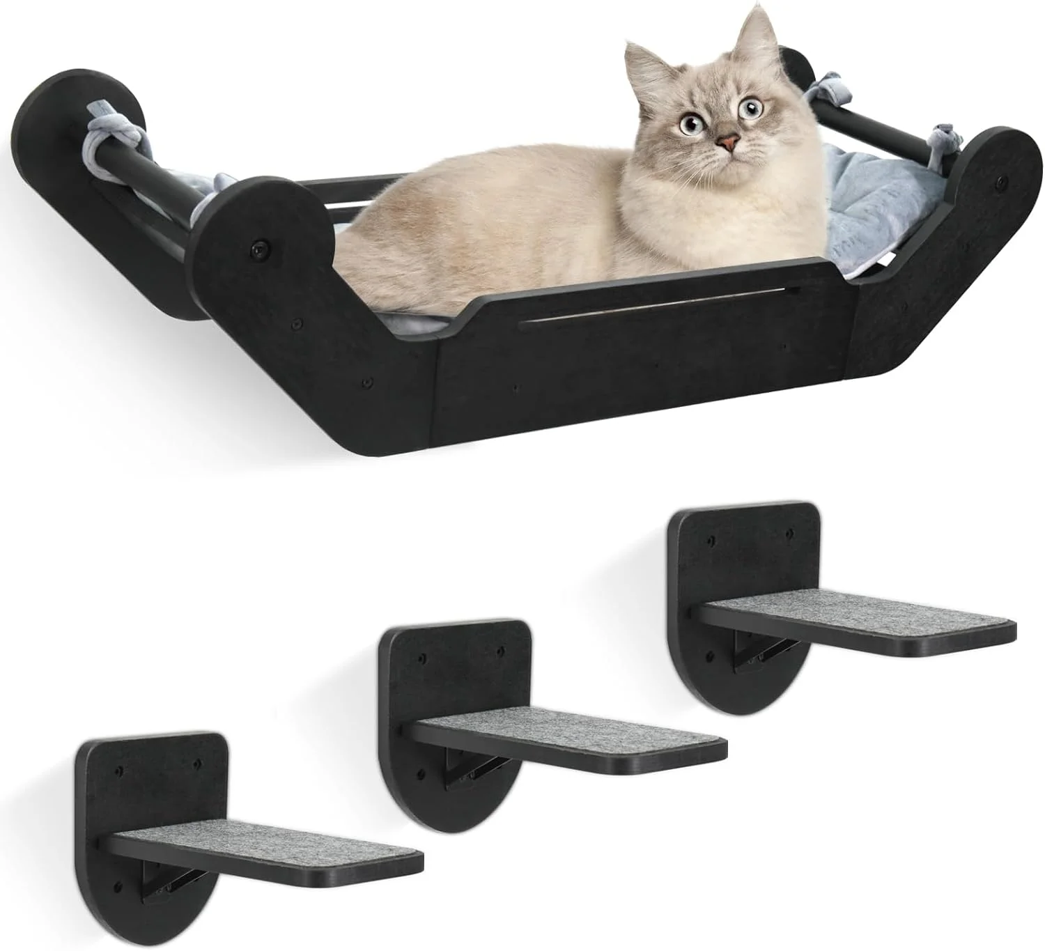 Cat Wood Hammock Wall Shelf with 3 Steps Perches Cat Scratching Post for Indoor Gift Cat Wood Climbing Shelf
Cat Wood Hammock Wall Shelf with 3 Steps Perches Cat Scratching Post for Indoor Gift Cat Wood Climbing Shelf
