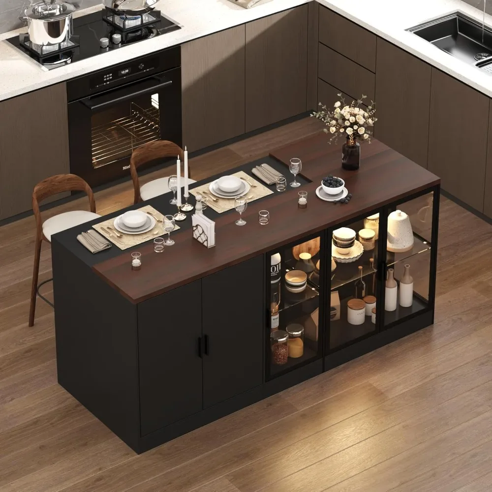 Stationary Kitchen Island with Glass Doors and Lights, 77.6” Kitchen Table Cabinet with 3 Drawers,77.6”W x 30.3”D x 36.6”H
Stationary Kitchen Island with Glass Doors and Lights, 77.6” Kitchen Table Cabinet with 3 Drawers,77.6”W x 30.3”D x 36.6”H