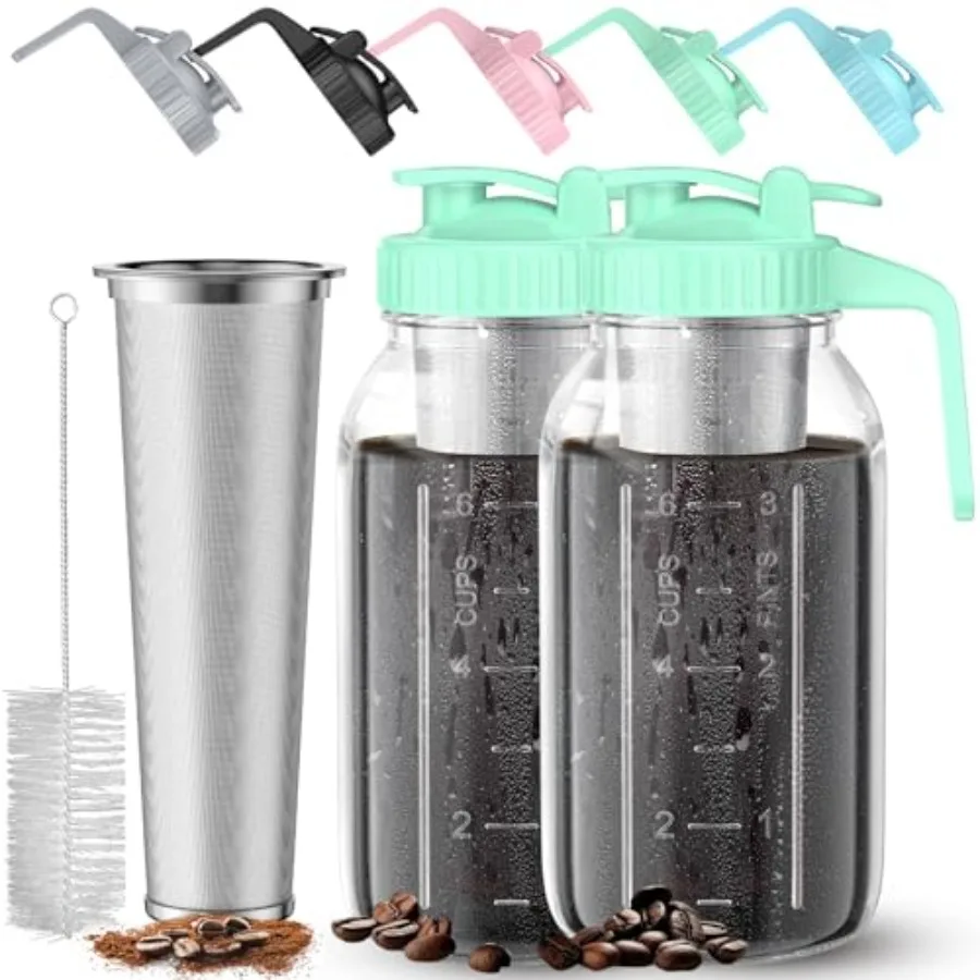 Cold Brew Coffee Maker Jar - 2 Pack 64 oz Glass Cold Brew Maker with Handle Stainless Steel Filter and Leak-Proof Lid Heavy Dut
Cold Brew Coffee Maker Jar - 2 Pack 64 oz Glass Cold Brew Maker with Handle Stainless Steel Filter and Leak-Proof Lid Heavy Dut