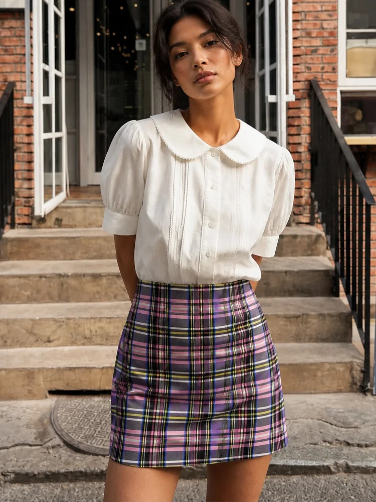Summer retro purple pink checkered mini skirt for women, high waist slim fit A-line street wear, casual bottom wear, fake dress
Summer retro purple pink checkered mini skirt for women, high waist slim fit A-line street wear, casual bottom wear, fake dress