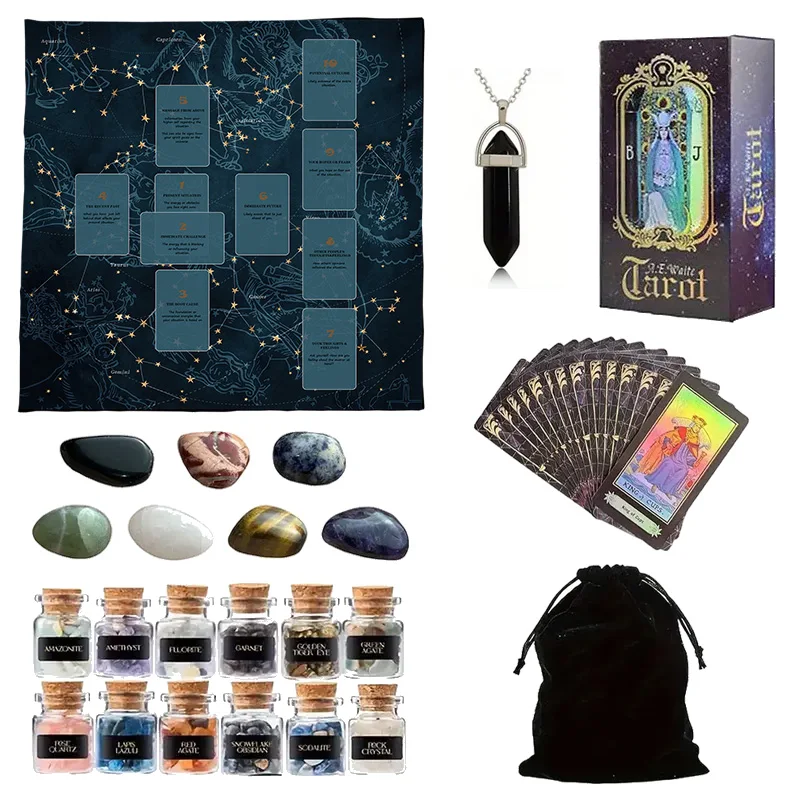 Tarot Card Set 1 Set 78 Tarot Cards 12 Mini Crystal Vases 7 Chakra Stones 1 Tarot Tablecloth 1 Pendant Accessory 1 Storage Bag
Tarot Card Set 1 Set 78 Tarot Cards 12 Mini Crystal Vases 7 Chakra Stones 1 Tarot Tablecloth 1 Pendant Accessory 1 Storage Bag