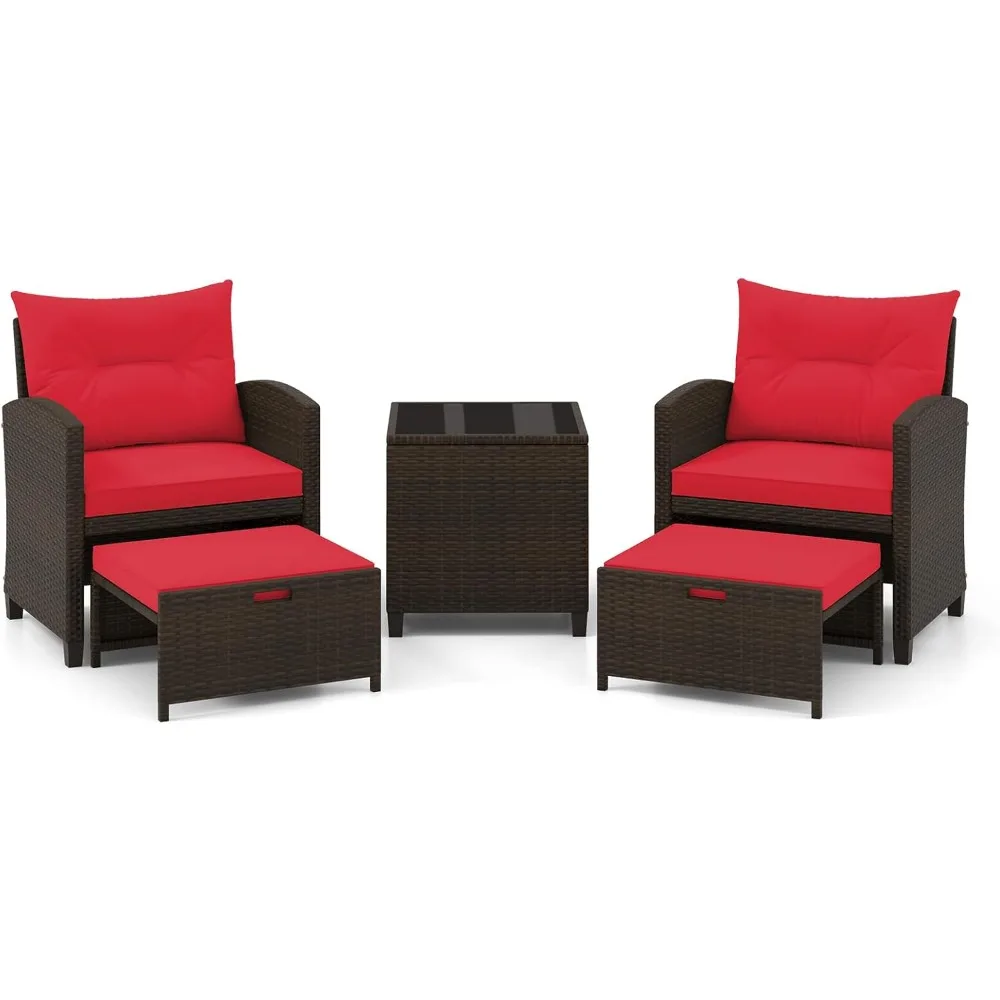 5 Pieces Patio Furniture Set with Ottoman, Wicker Conversation Set w/Cushions, Glass Coffee Table, Outdoor Rattan Lounger Chair 
5 Pieces Patio Furniture Set with Ottoman, Wicker Conversation Set w/Cushions, Glass Coffee Table, Outdoor Rattan Lounger Chair