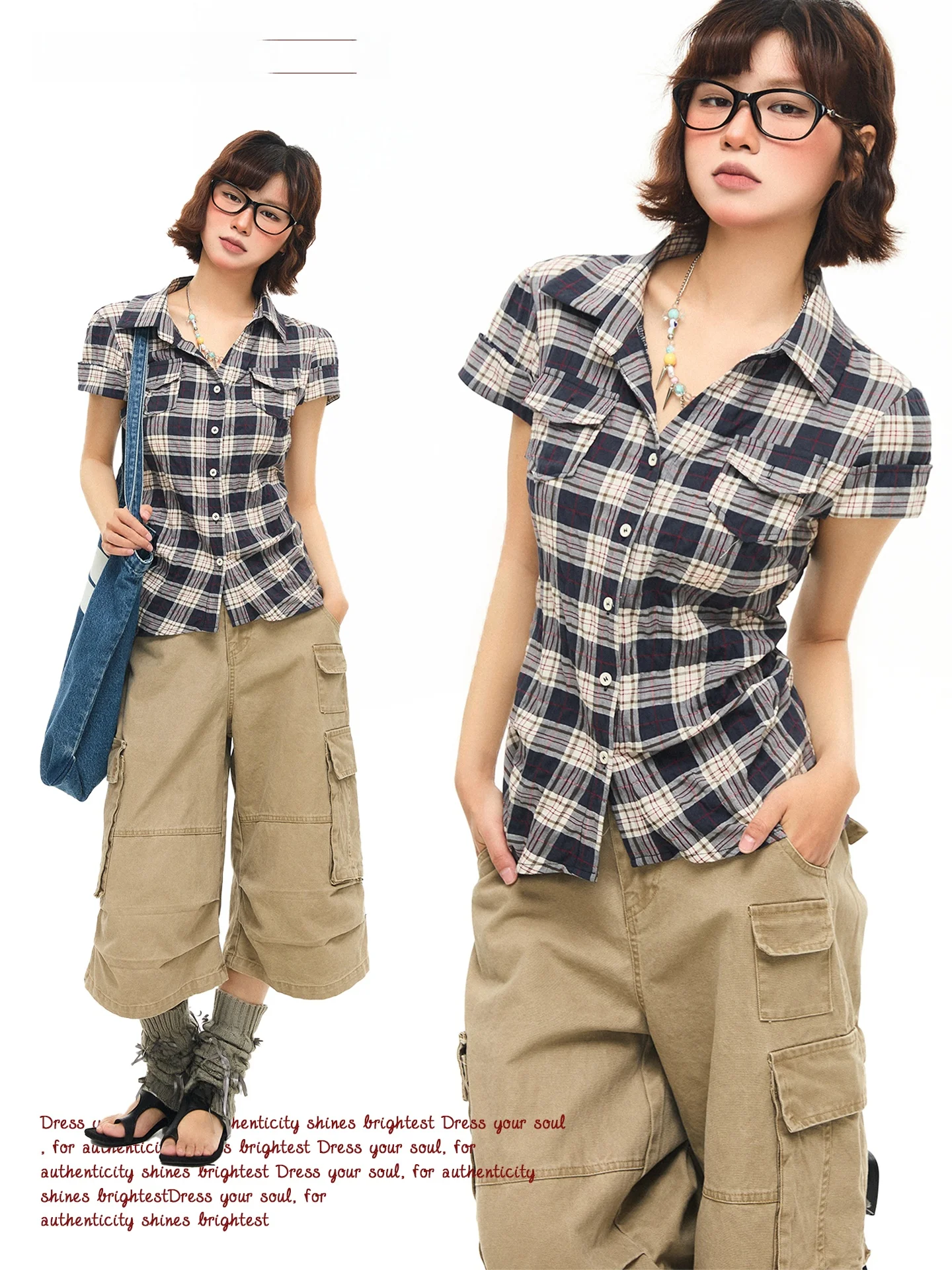 Slimming Fit Vintage Plaid Neck Short Sleeve Shirt Women's Design Waist-Cinching Versatile Top by Chen Sticky Old Store
Slimming Fit Vintage Plaid Neck Short Sleeve Shirt Women's Design Waist-Cinching Versatile Top by Chen Sticky Old Store