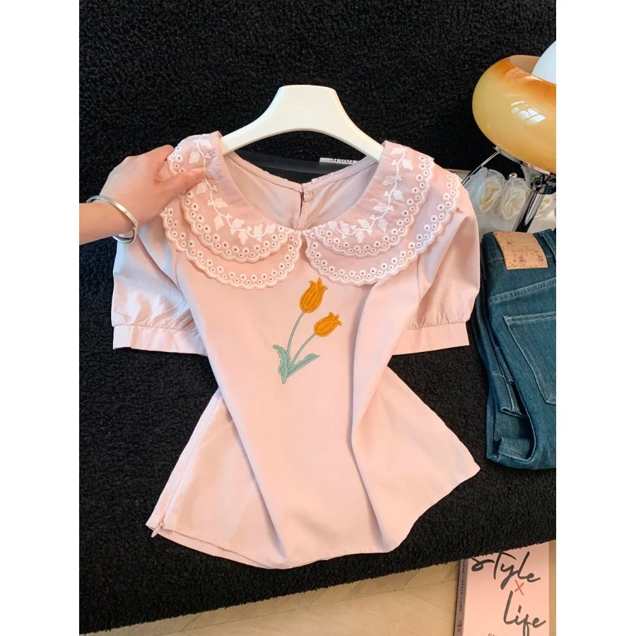 Sweet Pastel Pink Embroidered Lace Short Sleeve Women's Chiffon Shirt Slimming Summer Fashionable Top Elegant Citywalk
Sweet Pastel Pink Embroidered Lace Short Sleeve Women's Chiffon Shirt Slimming Summer Fashionable Top Elegant Citywalk