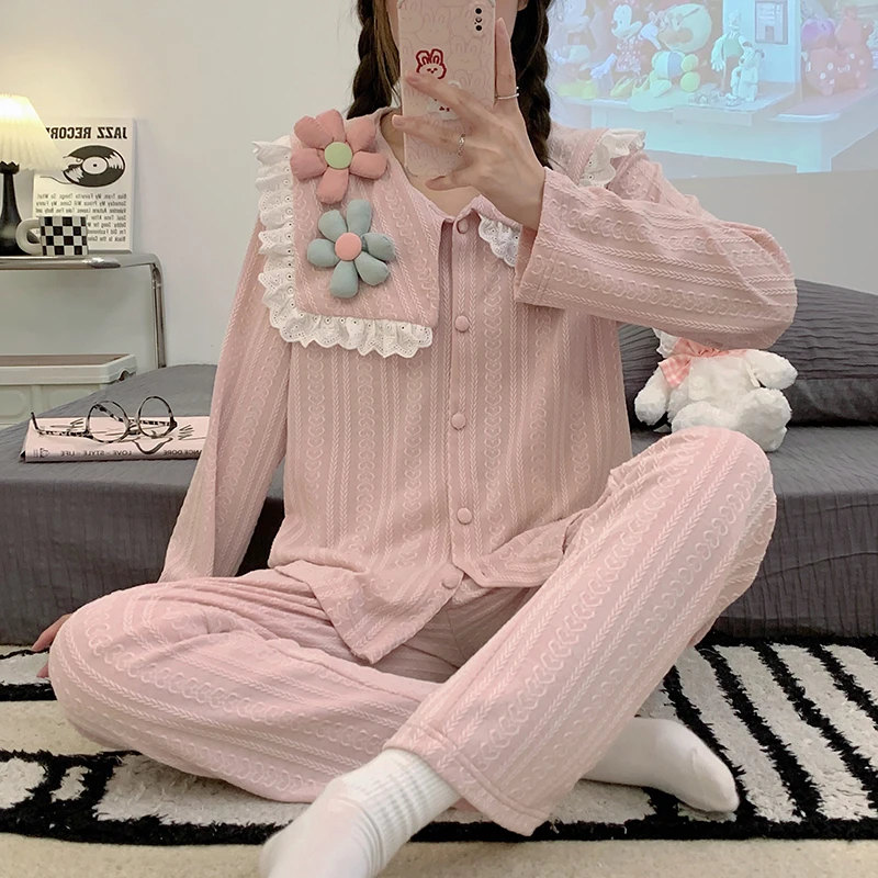 Spring pajamas women's jacquard knitted cotton long-sleeved cardigan girls' pajamas home wear Korean version solid color suit
Spring pajamas women's jacquard knitted cotton long-sleeved cardigan girls' pajamas home wear Korean version solid color suit