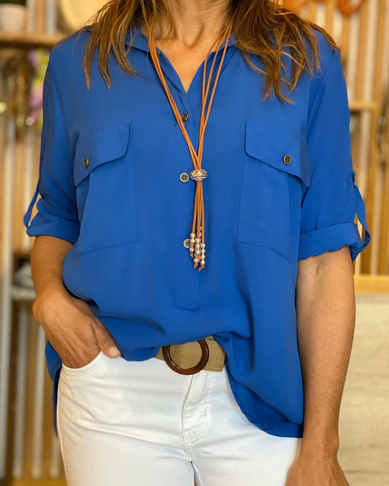 Collar Pocket Design, Long Sleeved Shirt, Casual Button Decoration, Loose Top, Women's Summer Solid Color Commuting Outfit
Collar Pocket Design, Long Sleeved Shirt, Casual Button Decoration, Loose Top, Women's Summer Solid Color Commuting Outfit