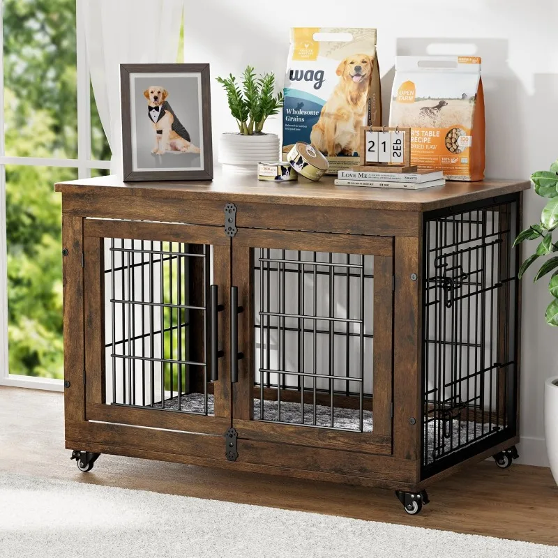 Dog Crate Furniture with Cushion, Wooden Dog Kennel Indoor with Double Doors, Dog Cage with Wheels, House Side End
Dog Crate Furniture with Cushion, Wooden Dog Kennel Indoor with Double Doors, Dog Cage with Wheels, House Side End