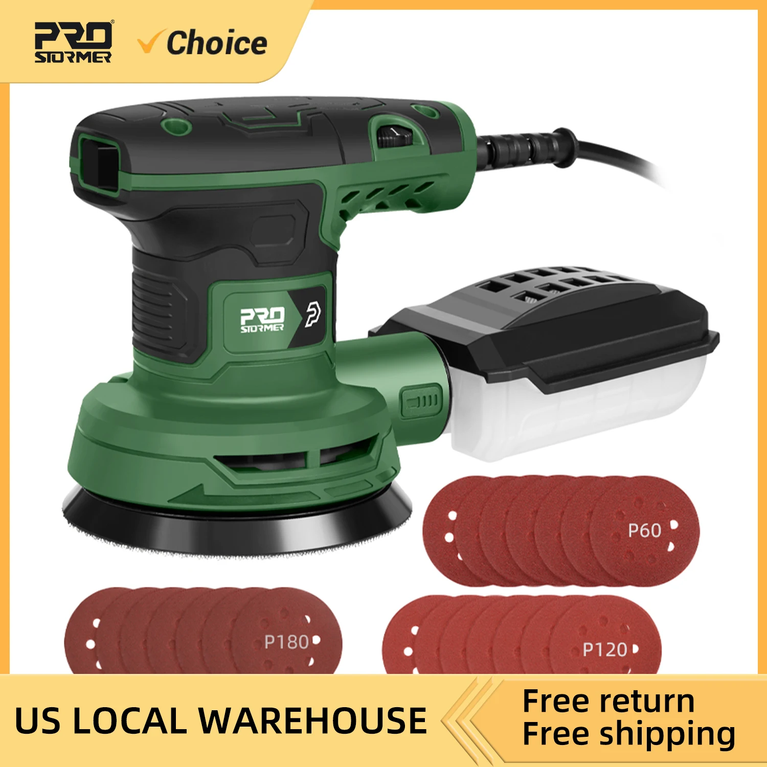 5-Inch Random Orbital Sander 8000-13000 RPM 2.6A Motor Includes 21 Sanding Discs & Dust Collection System by Prostormer
5-Inch Random Orbital Sander 8000-13000 RPM 2.6A Motor Includes 21 Sanding Discs & Dust Collection System by Prostormer